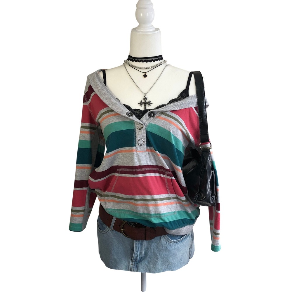 Vintage Y2K Sonoma Striped Henley Hoodie Top Multi Color Pocket Medium Small S M